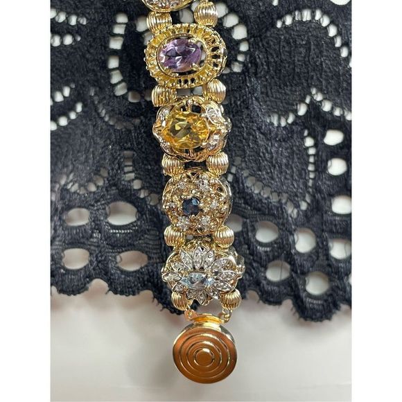 14K Yellow Gold Multicolor Gemstone Slide Bracelet 7” Long - Picture 7 of 12